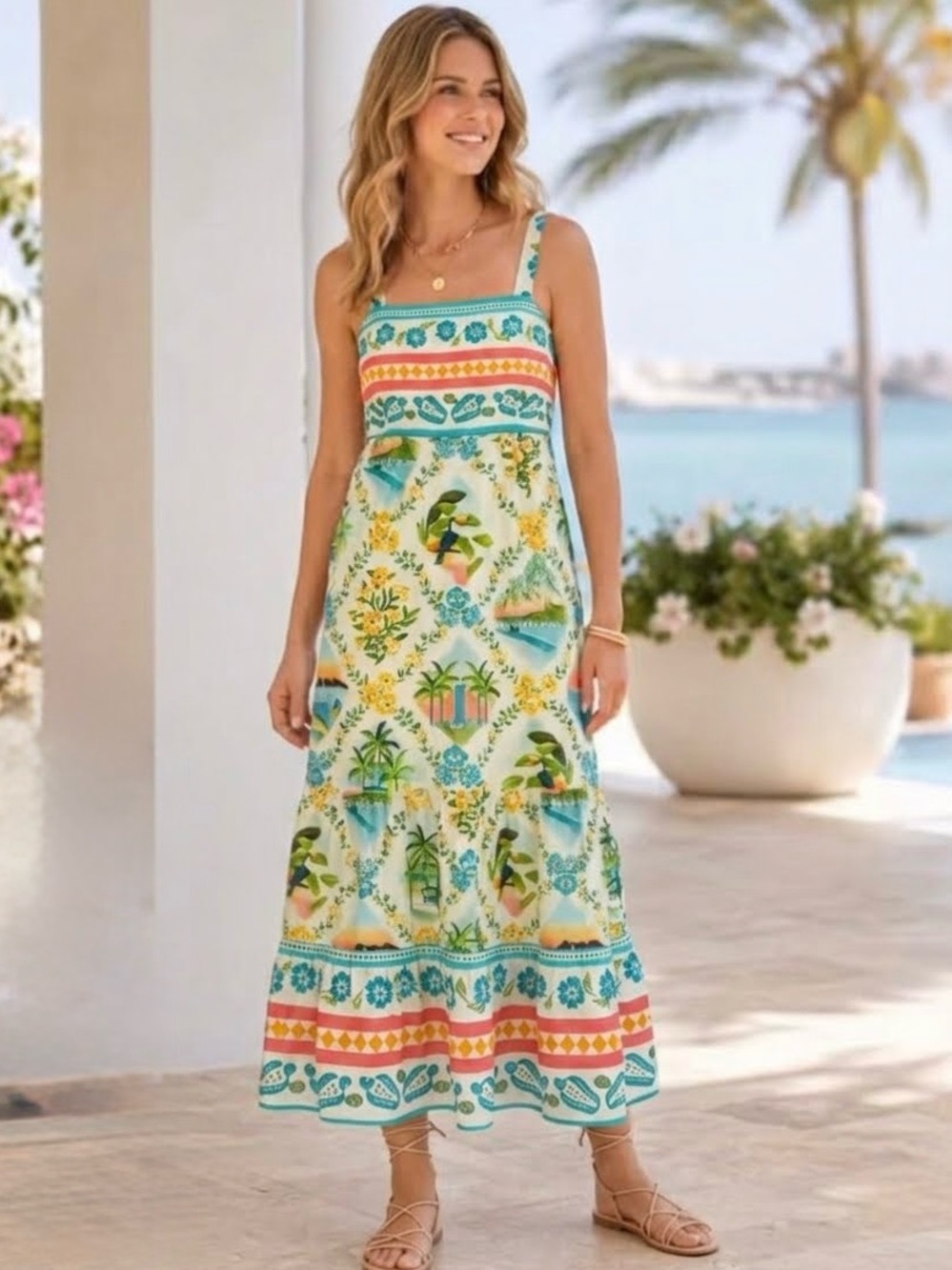 FARM Rio x Anthropologie Tropical Toucan
Floral Printed Tiered Maxi Dress Size M